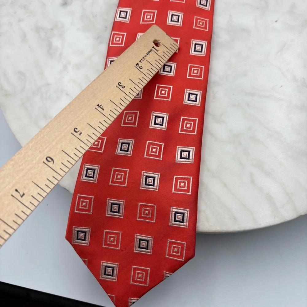 Canali Red Silk Geometric Square Pattern Stripe Mens Neck Tie Italy FLAW 3.75x61